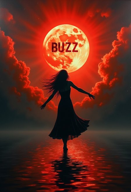 A captivating, dramatic scene in a painting that exudes mystery and foreboding. A fiery red sky with swirling clouds surrounding a full moon illuminates a solitary woman standing atop the water. The word "BUZZ" is etched in blood in the middle of the moon. The woman reaches for the moon. Her hair and dress flow in the wind. The water mirrors the fiery sky and moonlight, amplifying the somber atmosphere. The composition emphasizes the woman's isolation and vulnerability, with her outstretched arms reflecting longing and despair. This vibrant, cinematic work of conceptual art creates a haunting impression., conceptual art, painting, vibrant, cinematic, red and black tones,