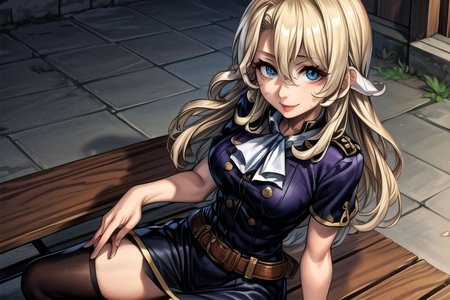 masterpiece, Lily Kokoschka , best quality, best quality, ultra-detailed, highres,sharp focus,(ultra detailed,extremely detailed), 1girl,(masterpiece, best quality), LilyKOKOSCHKA, 1girl, solo, long hair, small breasts, blonde hair, Blue eyes, Deep Blue eyes, hair between eyes, uniform, ascot, wavy hair, eyes visible through hair, white ascot, Skirt, hungry clicker,  outdoors, street, cowboy shot, leaning Back, , brutal smile, Best Quality0Beautiful face0Strong-minded woman0sitting, Scared, Terrified, Frightened