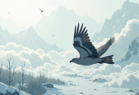 An aerial view from the sky, capturing a majestic bird in flight, wings spread wide against a backdrop of infinite white. The bird’s feathers glisten with subtle, intricate textures—its plumage a mix of soft gray, white, and hints of deep brown, blending seamlessly with the snow-covered landscape below. Its sharp, piercing eyes are fixed on the horizon, conveying a sense of purpose and power. Below, the earth stretches endlessly, a pristine expanse of snow glowing softly under diffused light. The landscape is blanketed in white, with faint details emerging: the dark lines of frozen rivers winding like veins, the jagged peaks of distant mountains breaking through the snow, and the faint outlines of barren trees standing as quiet sentinels. Shadows are soft and pale, adding depth without disrupting the purity of the scene. The perspective emphasizes the bird’s movement, its body slightly tilted as it glides effortlessly through the cold, silent air. Behind it, the horizon fades into a misty white, blurring the boundary between sky and earth, creating a sense of endless space and serene isolation. The composition captures a moment of graceful solitude, the bird a living contrast to the vast, frozen stillness below.