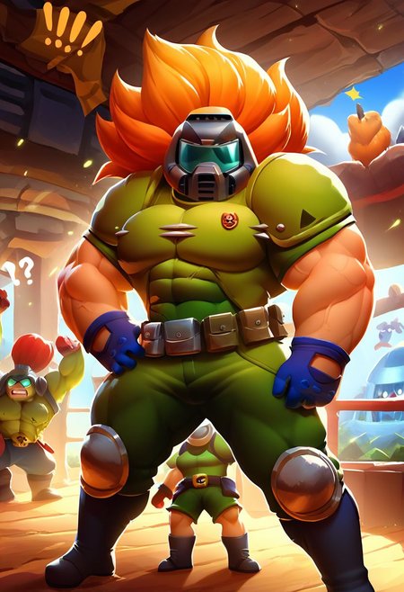 ,score_9, score_8_up, score_7_up,<lora:brawl_style_1_2_R:0.8>, 1boy, brawl, SFW, bodybuilding, massive pectoral, beefy muscle, thick legs, large pectoral, black man, brawl, doomguy, armor, helmet,