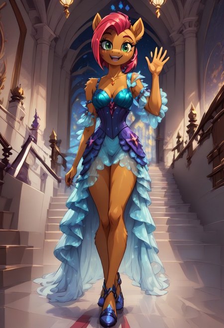 score_9, score_8_up, score_7_up, anthro,
(((Babs Seed))),
facing viewer, front view, female focus, view from chesthight,
g5, pony, female, mare, tail, dock, solo, 1girl, highly detailed, beautiful, detailed eyes, detailed fur, beautiful eyes, (tall), ((perfect body proportions), (beautiful long legs),
small breasts, show accurate skin colour,
long hair, fluffy hair, biggest hair,
(((walking ((down)) a grand staircase))), (((waving to viewer))), ((happy, excited, smiling at viewer invitingly)),
(((wearing a beautiful, eyecoloured, bioluminescent, shoulderfree ballgown))), glowing ballgown,
BREAK,
highly detailed background, (((nighttime))), night
inside Canterlot castle, ballroom, ((grand staircase)), mirror marble floor, (((dimmed lights in the room))),