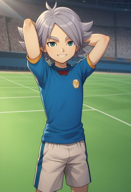 score_9, score_8_up, score_7_up, source_anime, highly detailed, 1boy, solo, male_focus, skinny, slender, 
fubuki2, 1boy, male focus, open eyes, soccer uniform, sportswear, smile, raimon soccer uniform, raimon, grey hair, hands behind head,