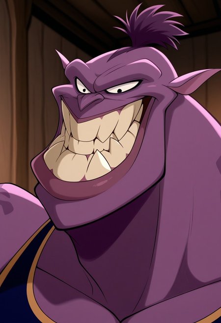 <lora:BupkusSJV3:0.8>, BupkusSJ, solo, colored skin, purple skin, black eyes, fangs out, muscular, grin, face focus, portrait, tank top, crop top, BREAK masterpiece, best quality, amazing quality, very aesthetic, high resolution, 4K, extremely-detailed, depth of field, separate focus, newest, scenery, detailed muscles, cinematic lighting