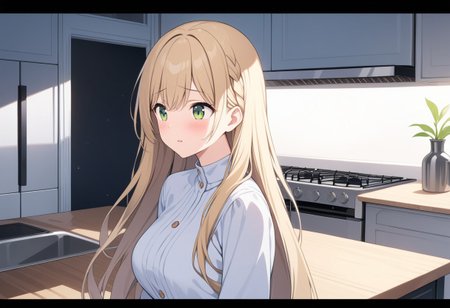 (extremely detailed CG unity 4k wallpaper),(masterpiece),(best quality),(ultra-detailed),(best illustration),(best shadow),(absurdres),(detailed background), (high res image), (High image quality),(Looking at the front),(looking at the audience),(Upper Body),
（A cute white dress,）
1girl, solo, 
A worried face,
long hair, Large breasts,
Braided long hair, blonde, Green eyes,
During the day,
He looks anxiously at the kitchen.