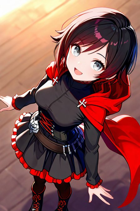 masterpiece, High quality, Ultra detailed, 2d, newest, absurdres, highres, BREAK
1girl, solo, <lora:ruby_rose:0.8>, ruby_rose_(ruby), short hair, black hair, multicolored hair, grey eyes, 
medium breasts, rosedef, long sleeves, black dress, corset, belt, rose, skirt, frilled dress, pantyhose, black footwear, cross-laced footwear, hooded cloak, red cape, 
from above, smile, open mouth, looking at viewer,