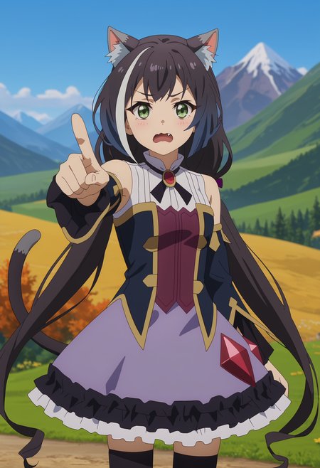 score_7_up, anime screencap,
<lora:PrincessConnect_KarylXL:0.9>,
1girl, solo, wavy mouth, open mouth, fang,
long hair, streaked hair, black hair, white hair, low twintails, green eyes, cat ears, cat tail,
KarylDress, multicolored dress, brooch, detached sleeves, gold trim, frilled skirt, purple skirt, black thighhighs,
pointing at viewer, standing, looking at viewer,
blurry background, mountains, scenery