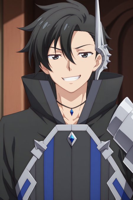 masterpiece, best quality, amazing quality,high resolution, intricate details,official style,depth of field,anime screencap,anime coloring, , , 1boy, solo, male focus,  <lora:kelvin_celsius:0.93>,kelvin celsius,black hair,black eyes,side swept,short hair,looking at viewer,black coat,accessory,jewelry,shoulder armor,upper body,grin,smug expression