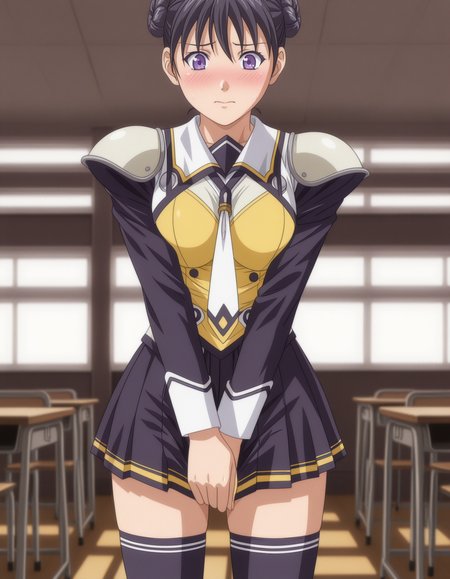 1girl, solo, araki madoka, black hair, short hair, twin buns, purple eyes, St_Arcadia_Uniform, school uniform, black and yellow clothes, shoulder pads, white necktie, long sleeves, pleated skirt, black thighhighs, standing, covering crotch, covering breasts, embarrassed, blush, depth of field, blurry background, indoors, classroom, (dark theme, low light:1.1), (anime coloring:1.2) <lora:araki_madoka_ilxl_v1:0.8>