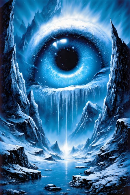 High in the mountains, nestled between jagged peaks, lies a lake that is also a colossal eye, its icy blue iris glimmering with a cold, unearthly light. The surrounding cliffs are covered in snow, and frozen waterfalls hang like crystal curtains around the lake, their sharp edges catching the light and reflecting it in myriad directions. The lakeâs surface is perfectly smooth, like a mirror, with the eye staring unblinking at the stormy sky above, its pupil dilated as if in deep concentration. Occasionally, cracks form on the surface of the lake, spreading out like spiderwebs from the pupil, only to heal themselves as quickly as they appeared. Snowflakes drift down from the sky, but they melt before they can touch the surface, creating tiny puffs of steam that rise and vanish into the thin mountain air. The cold is intense, yet there is a sense of profound stillness here, as if time itself has frozen around this all-seeing eye. It is a place of stark, surreal beauty, where the very elements seem to be in thrall to the gaze of the lake-eye. (high-resolution, dynamic, energetic, dramatic lighting, shallow depth of field.), detailmaximizer<lora:Adventure_Comic_Book><lora:detailed_flux_ntc:2.2><lora:aidmaImageUpgrader-FLUX-V0.1:0.65>