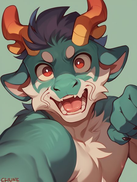 score_9, score_8_up, score_7_up, high quality, hires, male, solo, anthro, furry, pointing at another, open mouth, red eyes, horns, topless, looking at viewer, <lora:Greene:0.8>, <lora:chunie-Pony-XL-v6:1>, simple background