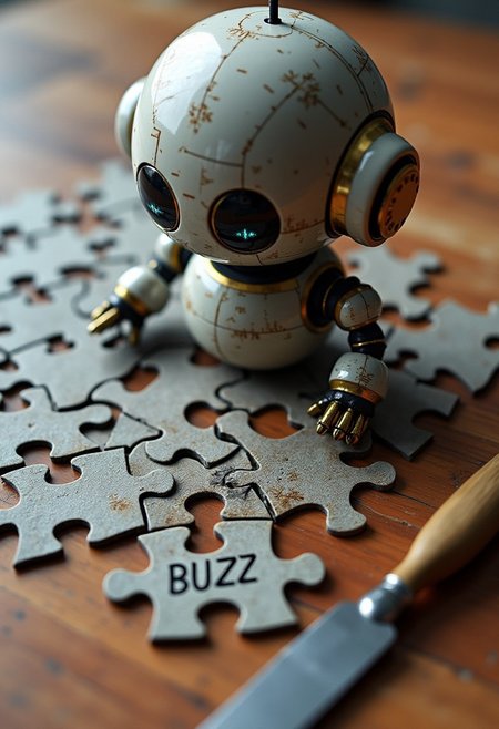 (( a very detailed and photorealistic incomplete puzzle of civitai robot ) , (an important piece of the puzzle is missing but the missing piece is seen on the table beside the puzzle), (on the missing puzzle piece the word "BUZZ" is seen printed in legible font))