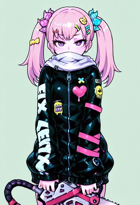 masterpiece, best quality,   
flat color, 
zzH0ld, looking at viewer, simple background, hair ornament, bow, holding, purple eyes, jacket, weapon, hair bow, heart, cowboy shot, hairclip, scarf, zipper, covered mouth, NyxL0v3,