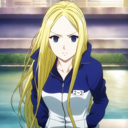 sharp focus, pixiv masterpiece, score_9, score_8_up,  source_anime, score_7_up, best quality, high res, absurd res, BREAK
<lora:Nino_arakawa_under_the_bridge_illu_v38:1>,nino_arakawa_il, (1girl, solo:1.5), blonde_hair, blue_eyes, blue_white_tracksuit, number_tag, long_hair,(anime_screencap:1.1),  riverside, upper body, hands_in_pockets