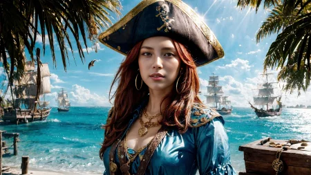 (young redhead pirate woman), (portrait), sharp focus, (ultradetailed), (standing), (happy) smile, pirate (ship galleon:1.2,  hoop earrings, gold medallion, Indigo Bluepirate clothes, pirate hat, hips, (pirate parrot:1.2),  pirate (village), leafy beach coast, (treasure chest with coins, gems and jewels:1.2), rum barrel, best quality masterpiece,  bright sunny sky, backlight, natural lights, high contrast, hdr, shadows, pretty, beautiful, feminine, sexy, adorable, lovely, in love, (PirateDiffusionprt:0.5),  <lora:Pirate:0.3>  PrateT  <lora:PirateRealms:0.3> <lora:Detail Tweaker LoRA add_detail:0.8> <lora:depth_of_field_slider_v1:5> <lora:SDXLrender_v2.0:0.9>