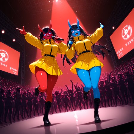 2girls, lineup, dancing, jumping, singing, holding microphone, yellow hazmat suit, on stage,faceless crowd, wasteland, concert, from below, dutch angle, depth of field, screen,  biohazard symbol, radiation symbol, red light, spotlight, skirt, lace-up boots, thick thighs,
BREAK Akami Black, colored skin, (((red skin))), blue eyes, glowing eyes, red horns, black hair, earrings, yellow skirt, glittering blue tighhighs, <lora:Akami_Black_Illustrious:0.6>
BREAK Kuroni Black, colored skin,  (((blue skin))), gas mask, Aka-Oni, oni girl, blue horns, black hair, long straight hair, pink eyes , glowing eyes, short thick eyebrows, yellow skirt, glittering red thighhighs, <lora:Kuroni_Black:0.6>
masterpiece, best quality, very aesthetic, photorealistic, absurdres, newest, scenery, volumetric lighting, <lora:add-detail-xl:2>