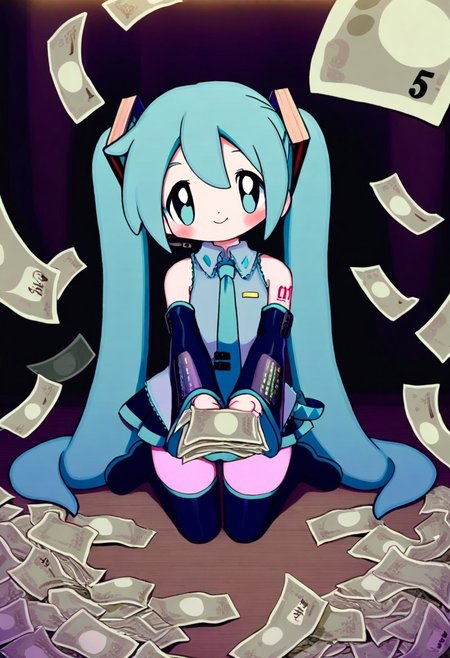 Hatsune miku omniverse style, with bags of money, wyatt style