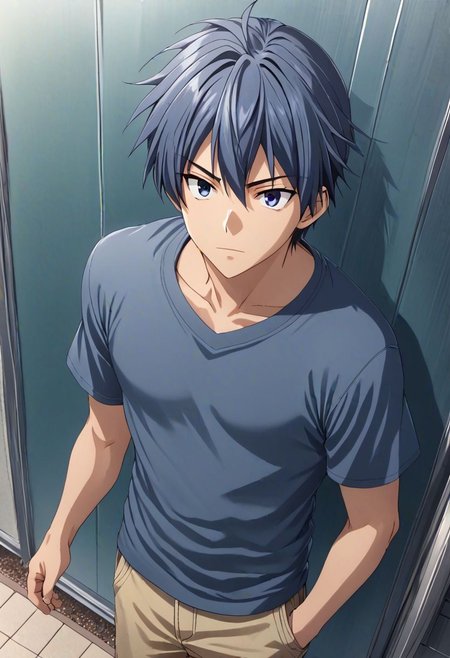 high resolution, solo, best quality, 1Boy, Tomoya Okazaki, Grey Blue Hair, casual, seen from above, gangster, dominant, intimidate, OverallDetail