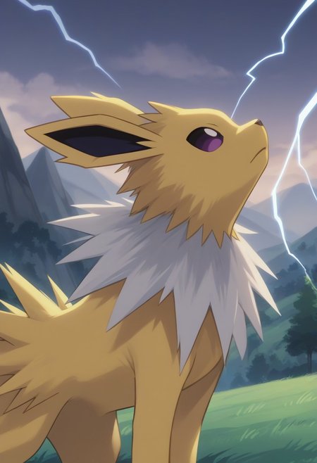 (source_anime, score_9, score_8_up, score_7_up:1), side view, solo male, jolteon, looking up, outdoors, mountains, lightning, pokemon \(classic anime\), anime screencap