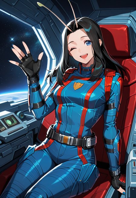masterpiece, best quality, newest, absurdres, highres, <lora:RivalsMantisIllustrious:0.9>,  MNTGOTG, antennae, black hair,blue eyes, long hair, blue jacket, utility belt, blue pants, black gloves, fingerless gloves, blue nails, cockpit, glass, waving one eye closed, smile, open mouth, 1 girl, solo, space, stars, sitting,