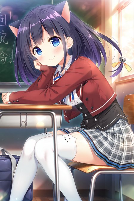 masterpiece,best quality,amazing quality,highres,scenery,newest,1girl,official style,fuko,fuko school,1girl,solo,white thighhighs,thighhighs,skirt,blue eyes,animal ears,cat ears,plaid skirt,bell,black hair,long hair,pleated skirt,plaid,long sleeves,hair ornament,jacket,school uniform,red jacket,bangs,shirt,sleeves past wrists,white shirt,jingle bell,ribbon,purple hair,cat ear legwear,hair bell,grey skirt,<lora:fuko:1>,classroom,looking at viewer,from side,sitting,smile,hand rest,