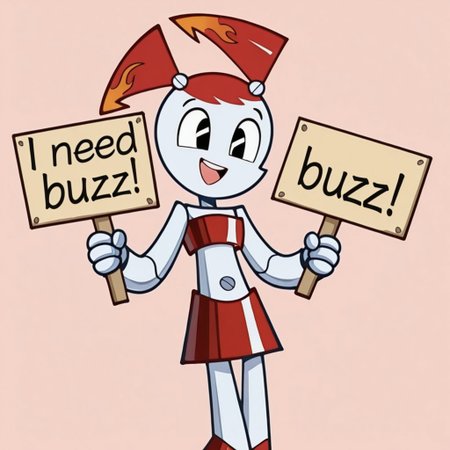 masterpiece, need_buzz, holding sign, hot rod jenny, jenny wakeman, 1girl, solo, robot joints, twintails, red hair, black eyes, red tube top, red skirt, orange flame accents, smile, open mouth, simple background