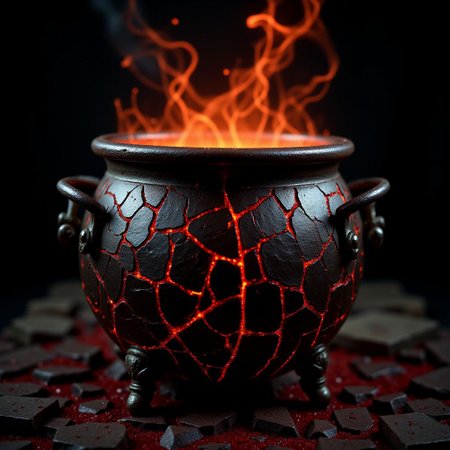 A fine art photograph of an elaborate industrial art Halloween witch cauldron made of hammered steel with many tiny red cracks. The piece has obviously been made by a skilled craftsman, with finely detailed textures and surfaces. It is obviously old, with worn parts and a patina of grime.  A phosphorescent glow emanates from it, illuminating the surrounding area. Wisps of glowing orange fog roil in the background. The overall feel of the image is Magical Realism. <lora:BlackColor:0.6> <lora:Magical_Glow_Flux:0.6> <lora:Green_Cracks_on_Black_Flux:0.6>