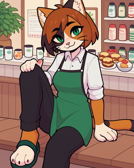 score_9_up, score_8_up, score_7_up, score_6_up, by remanedur, furry female, cat, calico, female, furry, multicolored hair, green eyes, collared shirt, green sandals,  short hair, bangs, green apron, black pants, medium breasts, looking at viewer, happy, head tilt, solo,  sitting, raised leg, three-quarter view, cafe, restaurant,  <lora:Leah_Pines(AIM)_XL_v1:0.15> <lora:PDXL_artist_tags_v2_big:0.5> <lora:The-Minuscule-Task_PDXL_v1.0:0.6>  <lora:Kawa_R3KNWN:0.6>
