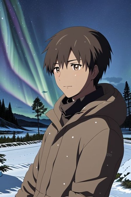 high resolution, solo, best quality, 1Boy, Takaki Toono, Brownish Hair, Brown Eyes, winter, Northern Lights, Stargazing, OverallDetail