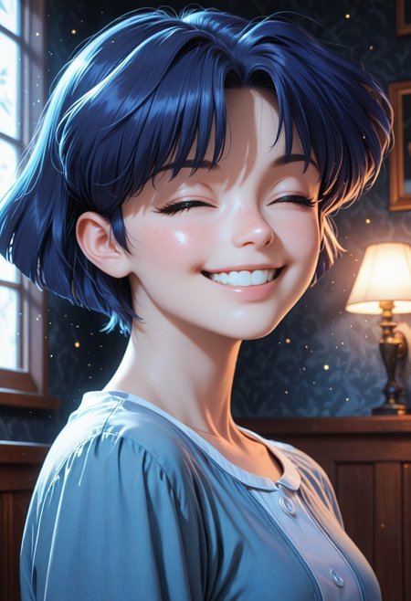 HDR, 8K, high contrast, masterpiece, best quality, amazing quality, very aesthetic, high resolution, ultra-detailed, absurdres, newest, scenery, chiaroscuro, 1girl, solo,akane_tendou, short_hair, blue_hair, cute smile,  teeth, closed eyes, , dim lighting ,looking back at viewer, dark room, face focus, head shot BREAK, detailed skin, detailed hair, photorealistic, volumetric lighting, dappled light, light particles, dramatic shadows, cinematic lighting, photo background, <lora:ponyxl\cfg_scale_boost:0.7> h4v_h0l0,