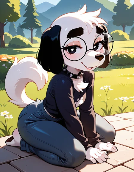 masterpiece, best quality, very aesthetic, absurdres,
outdoors,
posing, 
full body, seductive smile, parted lips, long eyelashes,
 <lora:Molly_v01_NAIXL:1>
Molly,1girl,solo,furry,furry female,dog girl,dof ears,short hair,black eyes,thick eyebrows,round eyewear,snout,animal nose,spiked collar,body fur,white fur,dog tail,