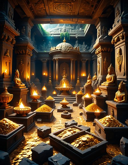 score_9, score_8_up, score_7_up,amazing quality, ultra realistic, 3D, HD, best quality, amazing quality, very aesthetic, absurdres
A hidden treasure chamber deep within an ancient temple, illuminated by the warm golden glow of torches and mystical blue light from enchanted crystals. The room is filled with piles of gold coins, jewel-encrusted goblets, and ancient artifacts covered in dust. Massive stone statues of forgotten deities guard the chamber, their eyes glowing faintly as if watching intruders. In the center, a grand pedestal holds a legendary artifactâan ornate golden crown encrusted with emeralds and sapphires, shimmering with an otherworldly aura. The walls are adorned with intricate carvings depicting lost civilizations, and creeping vines hint at centuries of abandonment. The atmosphere is mystical and slightly eerie, with a sense of both wonder and danger. The air is thick with the scent of aged parchment and burning incense, adding to the chamberâs ancient and mysterious feel. Cinematic lighting with dramatic shadows enhances the depth and richness of the scene, creating a visually stunning and immersive environment.
<lora:SDXLFaeTastic2400:0.4> <lora:extremely_detailed:0.4> extremely detailed,treasure ch4mb3r, <lora:treasure_ch4mb3r-p:1>