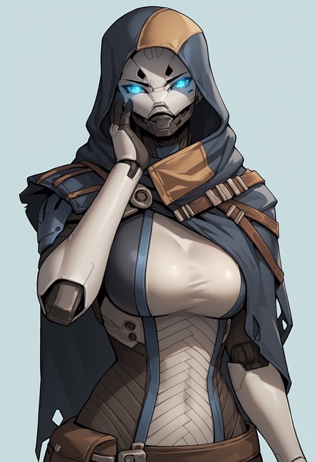 score_9, score_8_up, score_7_up, score_6_up, score_5_up, score_4_up, source_anime, 1girl, solo, <lora:ElsieBray:0.9> solo, colored skin, white skin, robot, blue eyes, glowing eyes,  breasts, large breasts, hood, hood up, cape, looking at viewer, face focus, bodysuit, front view, hand on face,
light blue background, simple background,