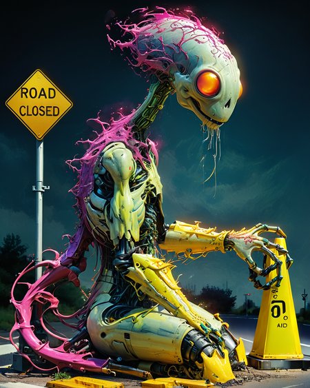 (alien non-anthropomorphic bioengineered creature working on a computer:1.6), (road closed sign:1.9), transparency:1.4, (detailed cybernetic implants fused with organic matter:0.5), full body, (with intensely vibrant swirling colors:1.9), realistic photo, <lora:add-detail-xl:1.0> ,  <lora:artialien:1> artialien