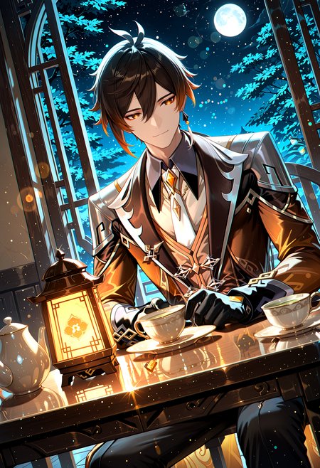 lazympos, very aesthetic, absurdres, highres, newest, HDR, 8K, high detailed, high contrast, dak depth, intricate detailed, night, faint light,
1boy, mature male, zhongli \(genshin impact\), jewelry, earrings, long sleeves, jacket, necktie, shirt, table, sitting,  
green tea, Teapot, moon light, Liyue, dutch angle, closed mouth, light smile, faint light, nostalgia, nostalgic look, polarized, lens-flare, chromatic aberration
