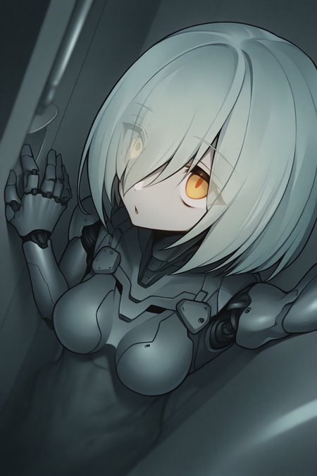1girl, cyborg, metal skin, yellow eyes, medium breasts, robot joints, grey skin, portrait, (from above:0.5), hand up, pov, indoors, laboratory, science-fiction, hair over one eye, eyes visible through hair, looking up, chestnut mouth, symbol-shaped pupils, against wall, expressionless, breasts apart, nude, cropped, from side, (empty eyes:0.75), breastplate, dutch angle, cable, <segment:yolo-AnzhcFace-seg-v2.pt,0.3,0.3//cid=1> <segment:yolo-AnzhcEyes-seg-hd.pt,0.3,0.5//cid=2>