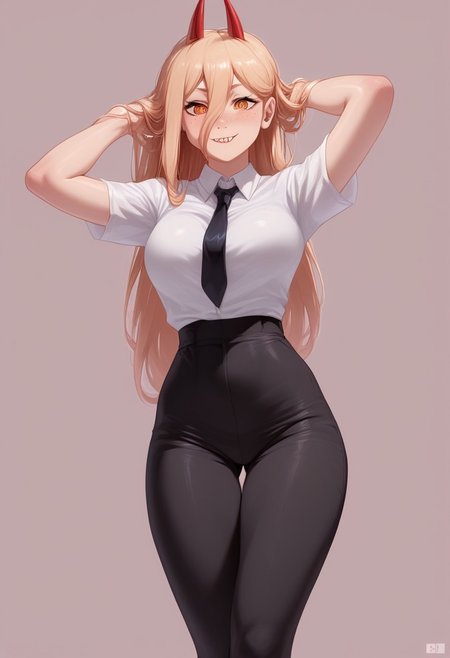 score_9,score_8_up,score_7_up, source_anime, 2.5D, Expressiveh, 1girl, whole face visible, whole body visible,
BREAK,
Power (Chainsaw Man), freckles, yellow eyes, cross-shaped pupils, blonde hair, long hair, red horns
BREAK,
collared shirt, white shirt, black necktie, (black pants), 
BREAK,
shiny skin, perfect ass, small ass, medium breasts, perfect breasts, slender figure, short, small waist, 
BREAK,
girl looking at viewer, extremely horny, standing, facing camera, arms above head