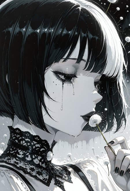 incredibly absurdres, highres, masterpiece, newest,best quality, very aesthetic, absurdres, newest, focused subject, oc-chan_(ketopon), 1girl, solo, black hair, bob cut, blunt bangs, hair between eyes,  solid black eyes, detailed eyes, eyelashes, mole under eye, expressionless, pale skin, black lips, lips, detached lace collard, collar bones,hand up, fingernails, nail polish, holding dandelion, kissing dandelion, crying, black tears, floating seeds, close up, portrait, from side, profile, face focus,backlighting, white theme, painterly, traditional media, gloom, limited palette, monochrome, opill, Ethereal Brushstroke