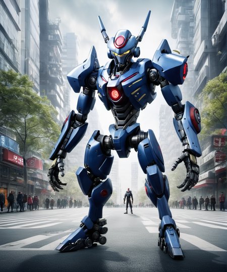 masterpiece,absurdres,best quality,solo,a giant mecha in a city,hellymon,biomechanical,cybernetic,realistic,raw photo,cinematic shot,<lora:JellymonXLV2:0.7>