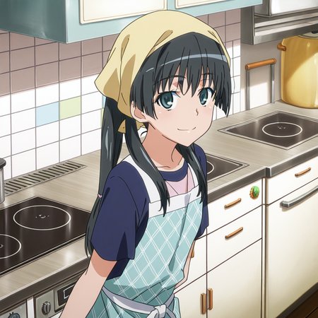 nsfw, masterpiece, best quality, amazing quality,1girl, solo, index_railgun_saten_ruiko, black hair, apron, twintails, smile, long hair, anime coloring, head scarf, bandana, green eyes, kitchen, looking at viewer,  <lora:Saten_Ruiko_-_Index_Railgun:0.7>