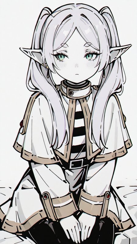 ,masterpiece,best quality,newest, <lora:Glamour_IL:1.2>  mcglam, style, monochrome, 1girl, solo <lora:FrierenIXL:1.0> zzFrieren, long hair, twintails, green eyes, grey hair, pointy ears, elf, shirt, long sleeves, jewelry, earrings, striped, capelet, striped shirt, white skirt, black pantyhose,