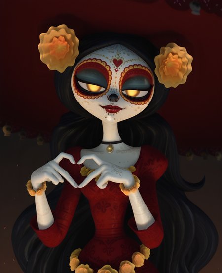 highres, absurdres, 3d,  <lora:La_Muerte_IILUS:1>, lm1, 1girl, hat, glowing eyes, yellow eyes, red dress, bracelet, choker, facepaint, black hair, long hair, long sleeves, hair ornament, pale skin, black nose, red lips, no pupils, makeup, looking at viewer, light smile, half-closed eyes, portrait, heart hands