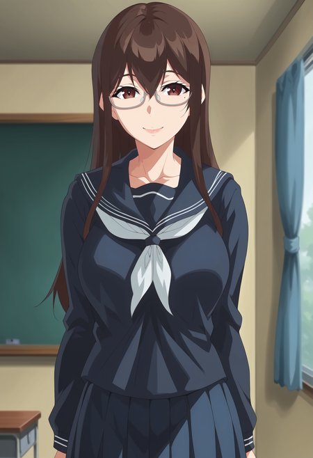 <lora:Touko_Sakuramachi-Succubus_Stayed_Life:0.8>,1girl,solo,mm,glasses,long hair,brown hair,brown eyes,breasts,mole under eye,serafuku,black serafuku,school uniform,skirt,looking at viewer, smile,indoors,cowboy shot,