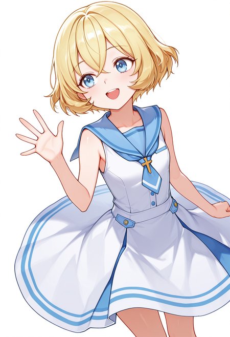 Smooth Quality,masterpiece,very intricate, high quality details, ultra realistic, high detailed skin,detailed enviorement,absurdres,
waving ,
 <lora:Lierre_CNR:0.8> lierre_cnr, 1girl, blonde hair, short hair, bangs, blue eyes,, excited,, simple background, white background, dynamic angle,solo,, sailor shirt,  ,waistcoat,   ,circle skirt,  ,