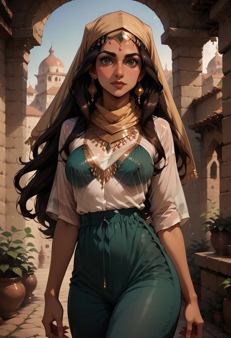 source_anime, ((score_9)),score_8_up,score_7_up,score_6_up,score_5_up,score_4_up, BREAK, 1woman, dark-skinned_female, loose pants, harem_pants, (see-through), silk, tight-fitting shirt, impossible shirt, large breasts, long hair, loose_scarf, head_scarf, jewelry, (((niqab:1.4))), mouth_veil, mouth covered, simple background, light, light particles, masterpiece, detailed eyes