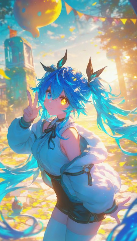 REMEMX,
1girl,twintails,heterochromia,long hair,yellow eyes,blue hair,blue eyes,solo,looking at viewer,thighhighs,shorts,jacket,white jacket,white thighhighs,v,breasts,shirt,very long hair,long sleeves,smile,open clothes,bare shoulders,open jacket,black shorts,white shirt,black ribbon,sleeveless,hair between eyes,closed mouth,ribbon,medium breasts,collared shirt,off shoulder,
outdoors,<lora:REMEMXv1-000050:1>,