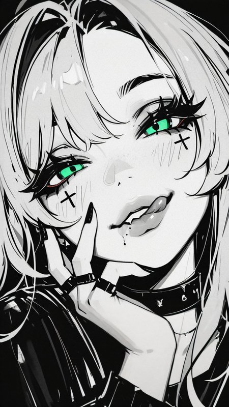,masterpiece,best quality,newest,  <lora:Monochrome_Glamour-000009:0.9> mcglam, monochrome, 1girl, green eyes , licking her lips