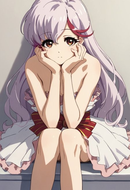 score_9,score_8_up,score_7_up, aikawa_akane, akane_dream, 1girl, solo, long hair, sitting,   dress, multicolored hair,   bare shoulders, hands on own face, strapless, head rest, streaked hair, looking at viewer, light purple hair, strapless dress, purple hair, long hair, streaked hair, multicolored hair, white hair, red hair, strapless, dress, red ribbon,red bow, , head rest