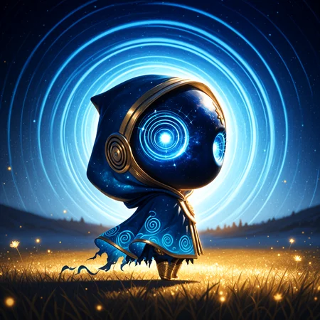 smooth quality, masterpiece, best quality, highly detailed, realistic, realism, dynamic lighting, graphite \(medium\), chibi, shadow, from side, blue palette, gold palette, blurry background,  looking at viewer,  focused subject, mysterious presence, ethereal aura, glowing cosmic eyes, gold trim, torn clothes, hooded cloak, patterned clothing, golden patern, tatter celestial void face, spiral nebula sky, swirl background yellow and blue, deep space energy, soft yet eerie illumination, otherworldly presence, enchanted meadow, meadow, floating cosmic dust, dreamlike atmosphere, cinematic lighting, ultra-detailed textures, radiant celestial glow, enigmatic stance, depth of field. <lora:add-detail-xl:2>