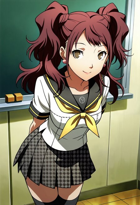 1 girl, solo, cute face,
p4rise, twintails, kujikawa rise, long hair, red hair, earrings, school uniform, serafuku, yasogami school uniform, skirt, brown eyes, houndstooth skirt, black thighhighs, zettai ryouiki,
looking at you, smile, arms behind back, thighs, 
classroom,
masterpiece, best quality, ultra detailed,