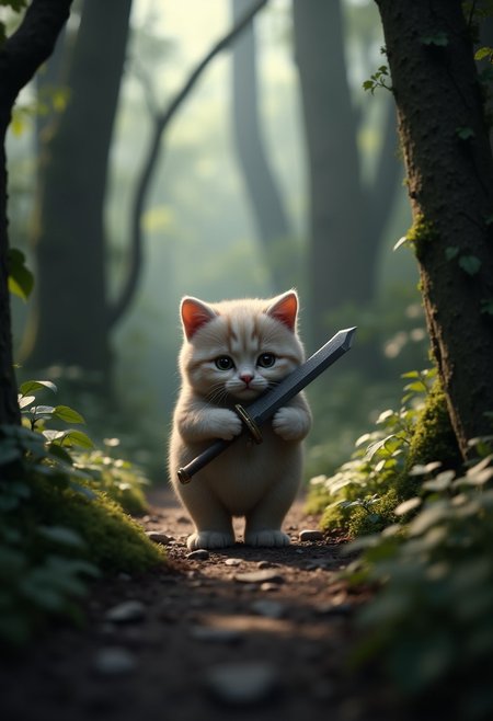 photorealistic,. a realistic human-like fluffy kitten holding a legendary sword. surrounded dark forest. very detailed, amazing quality, intricate, cinematic light, highly detail, beautiful, cinematic lighting,, in the middle of small path between trees and rare plants, 3d cg, 8k
